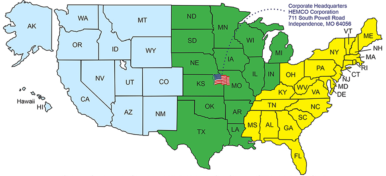 Map of the United States with sales territories 